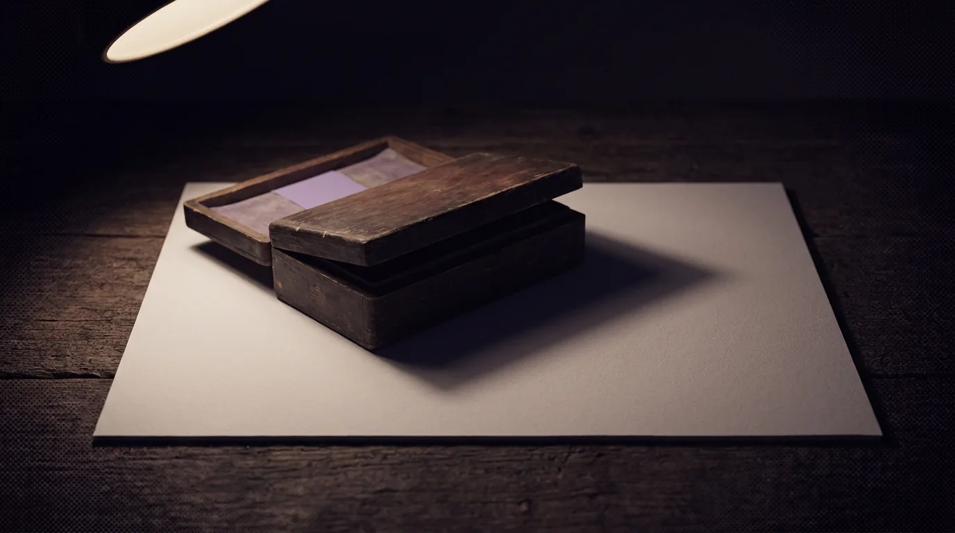 Uma pequena caixa de madeira fechada com a tampa levemente desencaixada, pousada sobre folha de papel fosco em branco numa mesa escura, uma única luminária quente vindo da esquerda alta, sombra longa e baixa esticando pra direita, fundo breu de ameixa e púrpura clara como a única cor viva