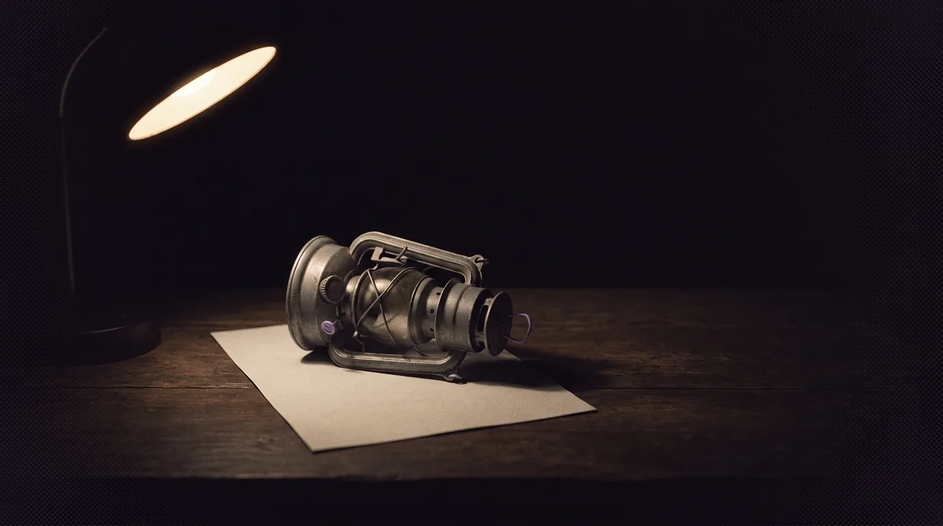 Lanterna de metal fosco apagada, deitada sobre uma folha de papel fosco em branco numa mesa escura, luminária quente vindo só da esquerda alta, sombra longa e baixa esticando pra direita e fundo breu de ameixa com um acento púrpura claro