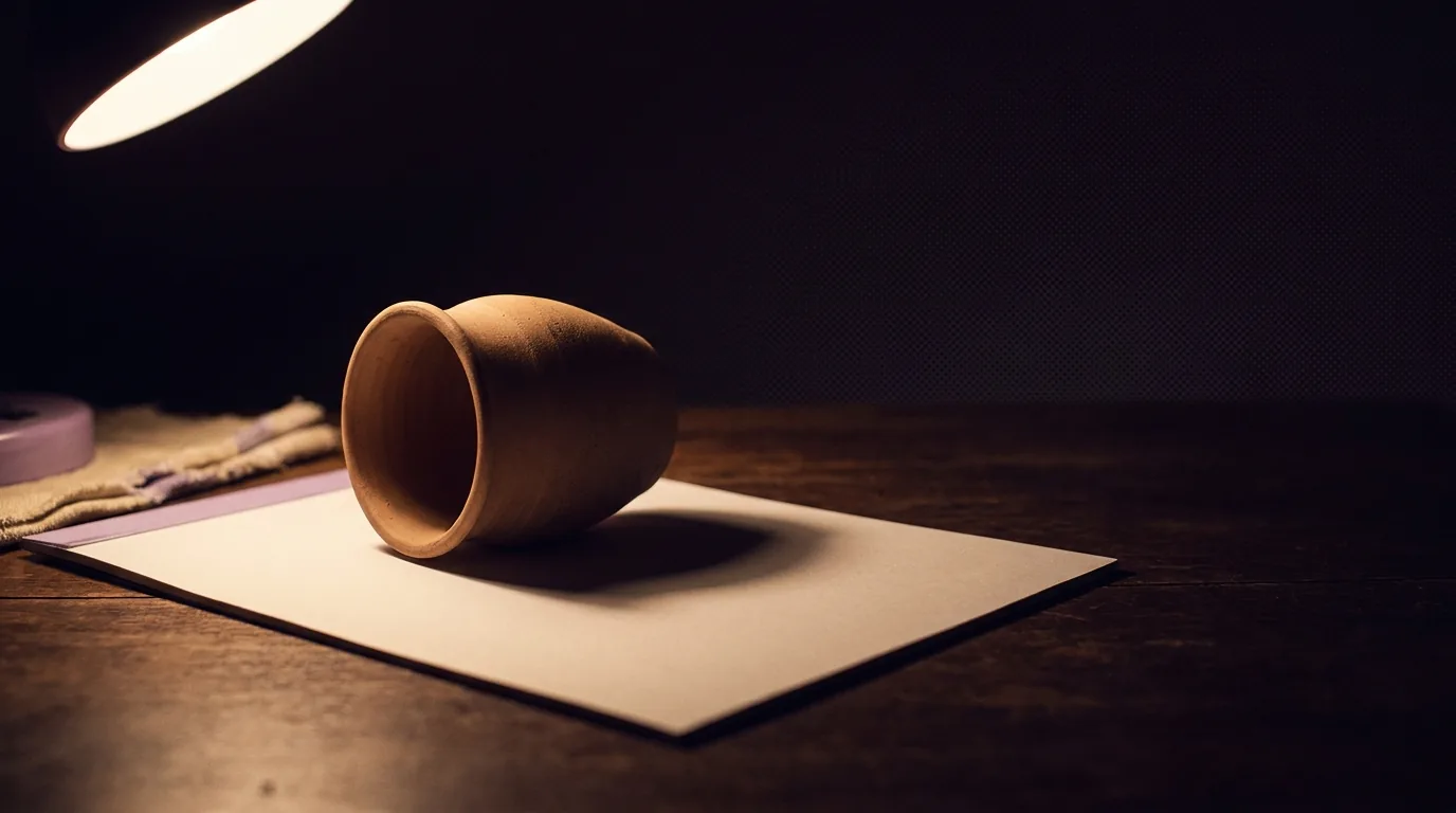 Um pote de barro simples e sem alça deitado de lado sobre a mesa escura ao lado da folha de papel fosco em branco, com a luminária quente vindo da esquerda alta, sombra longa e baixa esticando pra direita, fundo breu de ameixa e púrpura clara como única cor viva