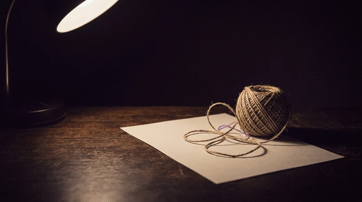 Um novelo de barbante desenrolado em várias direções sobre folha de papel fosco em branco numa mesa escura, uma única luminária quente vindo da esquerda alta, sombra longa e baixa esticando pra direita, fundo breu de ameixa e púrpura clara como a única cor viva