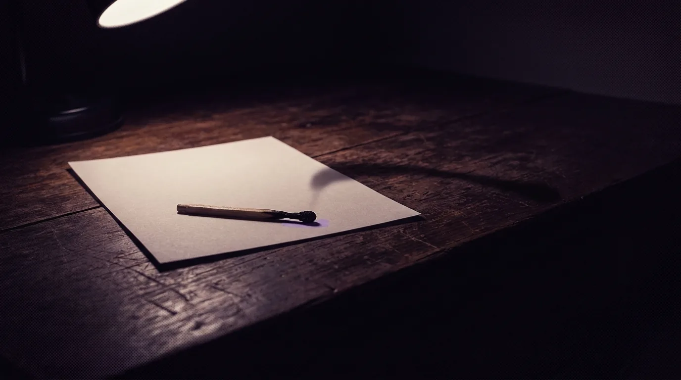 Um fósforo apagado pousado de lado sobre a folha de papel fosco em branco numa mesa escura, sem chama nenhuma, com a luminária quente vindo só da esquerda alta, sombra longa e baixa esticando pra direita, fundo breu de ameixa e púrpura clara como única cor viva