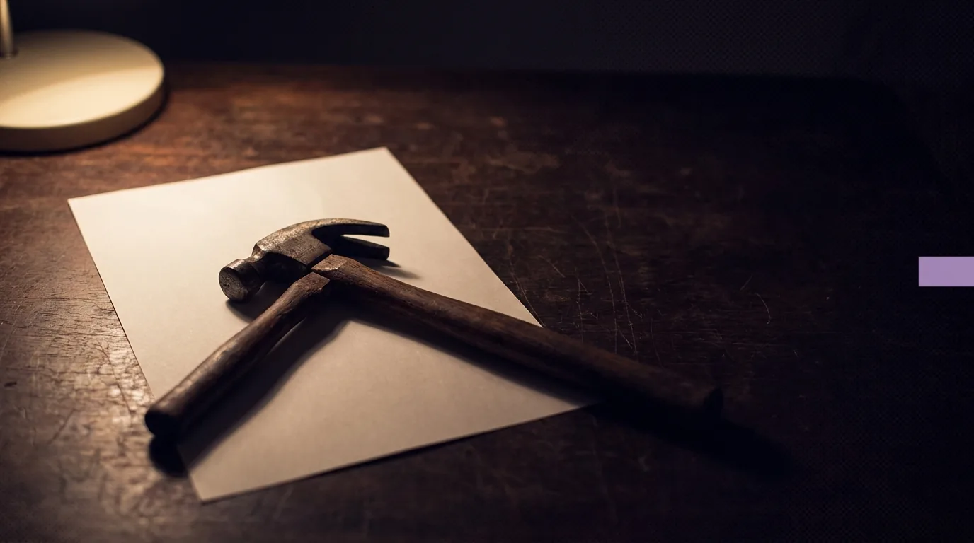 Martelo pequeno de cabo de madeira pousado de lado sobre uma folha de papel fosco em branco numa mesa escura, luminária quente vindo só da esquerda alta, sombra longa e baixa esticando pra direita e fundo breu de ameixa com um acento púrpura claro